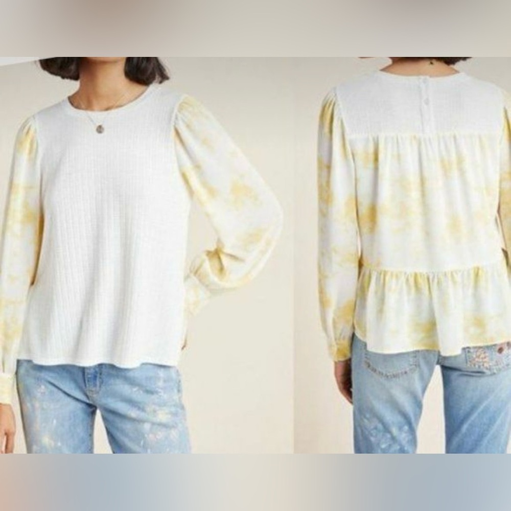 Anthropologie Ro & De Arden XS White Knit Top With Yellow Blouson Sleeve